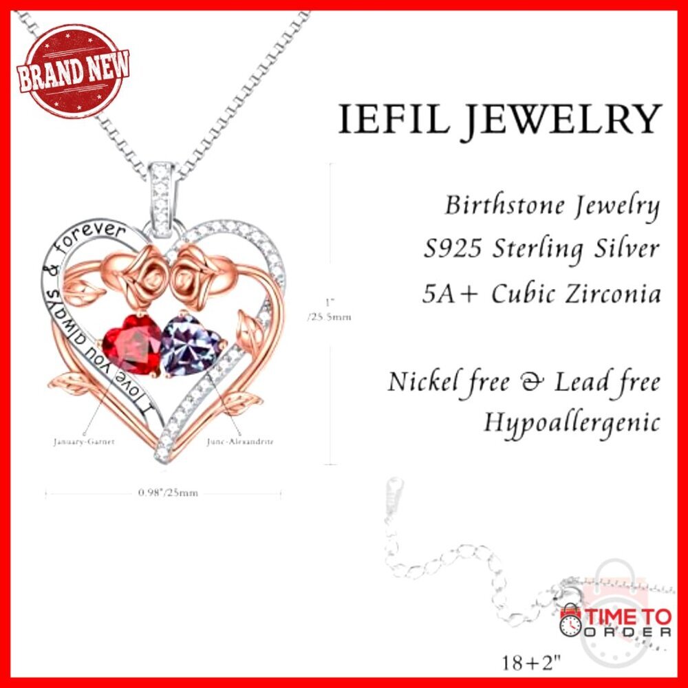 Sterling Silver Double Heart Birthstone Necklace Elegant Pendant Jewelry Gift - Picture 5 of 7